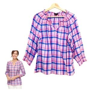 Talbots Smocked Pink Plaid Blouse Top Size XL 3/4 Sleeves
